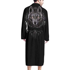 Poceacles Cool Wolf Black Long Robe Full Length Warm Plush Bathrobes Boho Feather Print Men's Shawl Sleepwear Pajama with Front Pockets