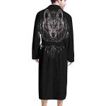 Poceacles Cool Wolf Black Long Robe Full Length Warm Plush Bathrobes Boho Feather Print Men's Shawl Sleepwear Pajama with Front Pockets