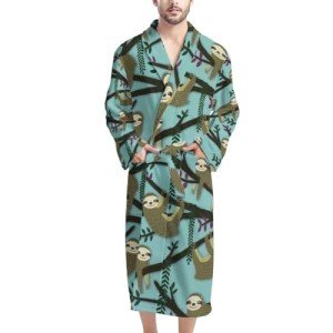 AFPANQZ Men's Bathrobe Big and Tall Full Length Sleepwear Long Sleeve Lightweight Pajama Shawl Robe with Pockets Nightgown, Sloth, One Size