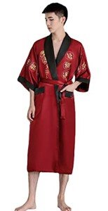 EXPOING Robe for Men Dragon Embroidered Silk Satin Yukata Pajamas Kimono Bathrobe Sleepwear Night Gown, Wine Red, One Size