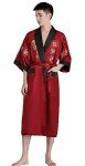 EXPOING Robe for Men Dragon Embroidered Silk Satin Yukata Pajamas Kimono Bathrobe Sleepwear Night Gown, Wine Red, One Size