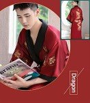 EXPOING Robe for Men Dragon Embroidered Silk Satin Yukata Pajamas Kimono Bathrobe Sleepwear Night Gown, Wine Red, One Size