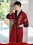 EXPOING Robe for Men Dragon Embroidered Silk Satin Yukata Pajamas Kimono Bathrobe Sleepwear Night Gown, Wine Red, One Size