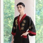 EXPOING Robe for Men Dragon Embroidered Silk Satin Yukata Pajamas Kimono Bathrobe Sleepwear Night Gown, Wine Red, One Size