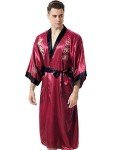 MORCOE Men's Chinese Dragon Embroidered Satin Long Men Robe,Smoking Jacket Yukata Pajamas Kimono for Men (Style3 Wine Red(Two-Side Wear))