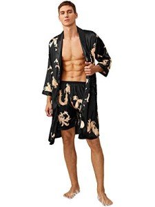 SOLY HUX Men's Long Sleeve Silk Sleepwear Satin Kimono Robe with Shorts Pajamas Set, Black, XX-Large