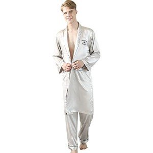 Wowcarbazole Men's Satin Robe Set Kimono Silky Lightweight Bathrobes Set With Shorts or Pajamas Pants, Grey, Large