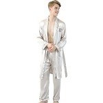 Wowcarbazole Men's Satin Robe Set Kimono Silky Lightweight Bathrobes Set With Shorts or Pajamas Pants, Grey, Large