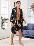 SOLY HUX Men's Long Sleeve Silk Sleepwear Satin Kimono Robe with Shorts Pajamas Set, Black, XX-Large