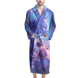 HUGS IDEA Long Bath Robe for Men Plush Pajamas Sleepwear Housecoat Soft Fleece Bathrobes Nightgown, Wolf Rose, One Size