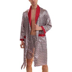 Lu's Chic Men's Satin Pajama Set Silk Bathrobe Shorts Long Sleeves Pockets Soft Kimono Robe Set Red US XL (Tag4XL)