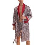 Lu's Chic Men's Satin Pajama Set Silk Bathrobe Shorts Long Sleeves Pockets Soft Kimono Robe Set Red US XL (Tag4XL)