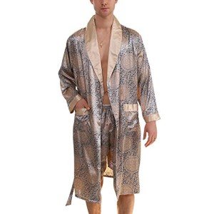 Lu's Chic Men's Satin Pajama Set Silk Robe Boxer Underwear Long Sleeves Pockets Loungewear Kit, 01 Blue, Small