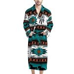 doginthehole Mens Soft Kimono Robe Lightweight Knee-Length Loungewear Turquoise,Native American Tribal Horse Pattern Bathrobe Home Pajamas with Two Pocket