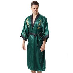 MORCOE Men's Chinese Dragon Embroidered Satin Long Men Robe,Smoking Jacket Yukata Pajamas Kimono for Men (Style3 Green(Two-Side Wear))