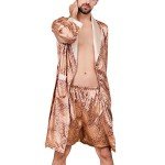 Lu's Chic Men's Satin Pajama Set Silk Bathrobe Shorts Long Sleeves Pockets Soft Kimono Robe Set Golden US 2XL (Tag5XL)