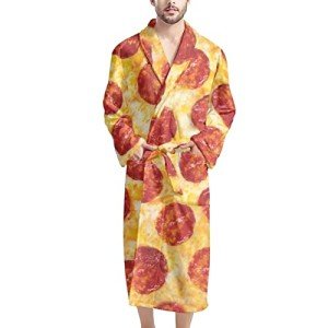 AFPANQZ Men Bathrobe with Pockets Full Length Sleepwear Long Sleeve Lightweight Pajama Shawl Robe Waffle Nightgown Big & Tall, Pizza, One Size