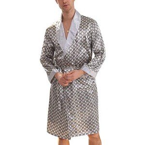 Lu's Chic Men's Satin Pajama Set Silk Bathrobe Shorts Long Sleeves Pockets Soft Kimono Robe Set Silver US 2XL (Tag5XL)