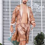 Lu's Chic Men's Satin Pajama Set Silk Bathrobe Shorts Long Sleeves Pockets Soft Kimono Robe Set Golden US XL (Tag4XL)