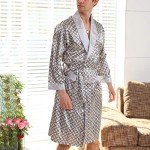Lu's Chic Men's Satin Pajama Set Silk Bathrobe Shorts Long Sleeves Pockets Soft Kimono Robe Set Silver US 2XL (Tag5XL)