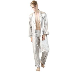 ZUEVI Men's Kimono Robe Set Silk Satin Bathrobe with Pajamas Shorts Lightweight Long Sleeve Sleepwear, &Gray&, Large