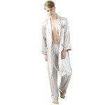 ZUEVI Men's Kimono Robe Set Silk Satin Bathrobe with Pajamas Shorts Lightweight Long Sleeve Sleepwear, &Gray&, Large
