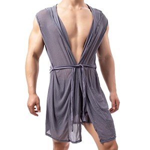 YUFEIDA Men's Robe with Hood Sheer Soft Bathrobe Lightweight Pajamas Shirt Open Front Summer Shawl Robe with Adjustable Belt, Robe Grey, X-Large