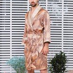 Lu's Chic Men's Satin Pajama Set Silk Bathrobe Shorts Long Sleeves Pockets Soft Kimono Robe Set Golden US M (Tag2XL)