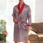 Lu's Chic Men's Satin Pajama Set Silk Bathrobe Shorts Long Sleeves Pockets Soft Kimono Robe Set Red US L (Tag3XL)