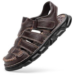 Men's Casual Leather Sports Closed Toe Sandals Outdoor Trail Walking Non Slip Fisherman Sandals Summer Breathable Handmade Adjustable Hiking Shoes Dark Brown 11
