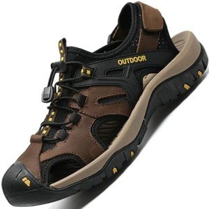 POGEPE Men Summer Sandals Closed Toe Walking Fastening Hiking Sport Shoes Leather Sandals Outdoor Beach Sandal,12 Brown