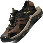 POGEPE Men Summer Sandals Closed Toe Walking Fastening Hiking Sport Shoes Leather Sandals Outdoor Beach Sandal,12 Brown