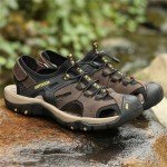 POGEPE Men Summer Sandals Closed Toe Walking Fastening Hiking Sport Shoes Leather Sandals Outdoor Beach Sandal,12 Brown