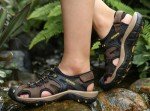 POGEPE Men Summer Sandals Closed Toe Walking Fastening Hiking Sport Shoes Leather Sandals Outdoor Beach Sandal,12 Brown