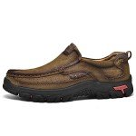 MOSTELO Mens Slip On Casual Loafers Classic Outdoor Leather Walking Hiking Shoes Comfortable for Work Office Dress Outdoor Khaki