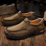MOSTELO Mens Slip On Casual Loafers Classic Outdoor Leather Walking Hiking Shoes Comfortable for Work Office Dress Outdoor Khaki
