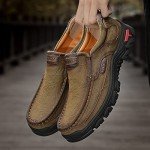 MOSTELO Mens Slip On Casual Loafers Classic Outdoor Leather Walking Hiking Shoes Comfortable for Work Office Dress Outdoor Khaki