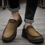 MOSTELO Mens Slip On Casual Loafers Classic Outdoor Leather Walking Hiking Shoes Comfortable for Work Office Dress Outdoor Khaki