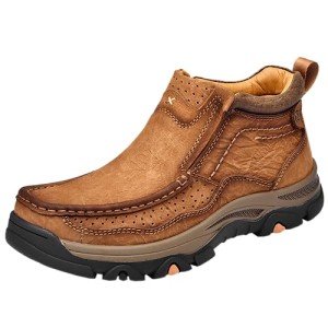 MOSTELO Mens Slip On Casual Loafers Classic Outdoor Leather Walking Hiking Shoes Comfortable for Work Office Dress Outdoor High Top Brown