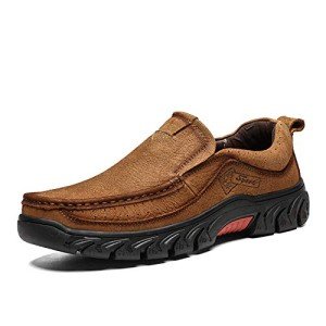 BIFINI Men's Slip-on Outdoor Walking Shoes Adventure Leather Hiking Moc Moccasin Light Brown 10