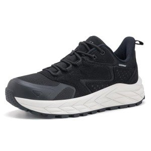 OUTJET Men's Waterproof Walking Shoes Comfortable Cushion Fashion Sneakers Non-Slip Durable Outdoor Hiking Shoes, Black, 9