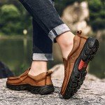 BIFINI Men's Slip-on Outdoor Walking Shoes Adventure Leather Hiking Moc Moccasin Light Brown 10