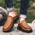 BIFINI Men's Slip-on Outdoor Walking Shoes Adventure Leather Hiking Moc Moccasin Light Brown 10