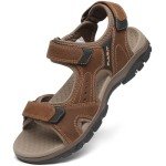 FLARUT Men's Athletic Sandals Sport Outdoor Hiking Sandals Open Toe Leather Walking Sandals Beach Water Shoes, A-brown, 9