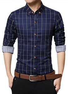Men's Slim Fit Cotton Plaid Dress Shirt