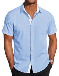 Men's Short Sleeve Fitted Button-Up Shirt - Light Blue