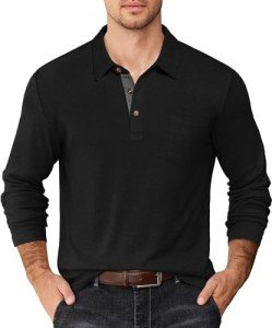 Men's Casual Long Sleeve Polo Shirt with Pocket