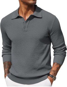 COOFANDY Men's Dark Grey Waffle Knit Polo Sweater