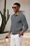 COOFANDY Men's Dark Grey Waffle Knit Polo Sweater
