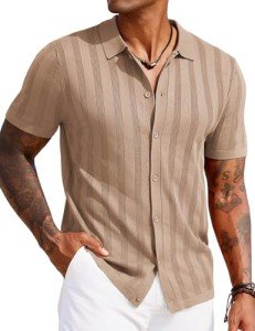 Men's Vintage Knit Polo Shirt - Khaki Casual Summer